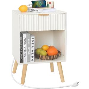 Fultyle White Nightstand with Charging Station, Mid Century Modern Bedside Table with Drawers and Outlet,Side Tables Living Room, Wooden Night Stand for Bedroom, Office (White)