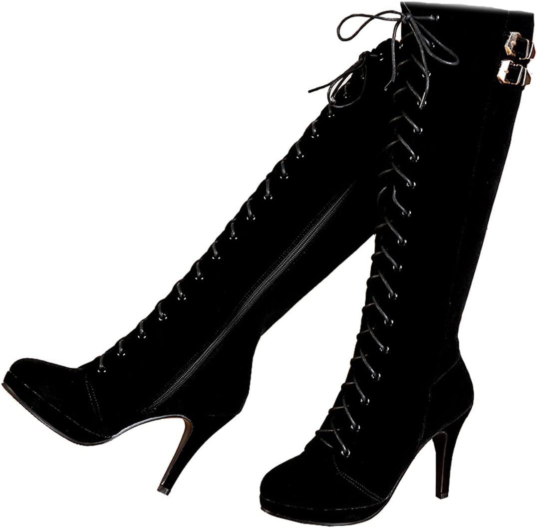 getmorebeauty Womens Knee High Boots Suede Buckle Rock Lace Up Zipped Thigh High Heel Boots (9, Black)