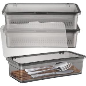 Cabilock 3 Pack Silverware Organizer with Lid, Cutlery Tray Utensil Holder for Kitchen Drawer, Dustproof Flatware Storage Box with Drainer for RV Camping, Black