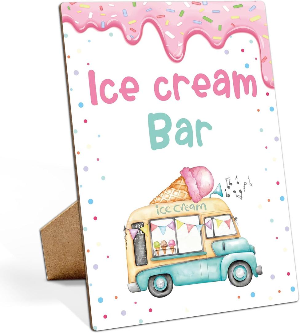Ice Cream Birthday Party Sign, Ice Cream Bar, 811 Wooden Play Sign with Stand, Ice Cream Party Decorations, Ice Cream Birthday Party Supplies, Summer Birthday Party Decorations - LP085