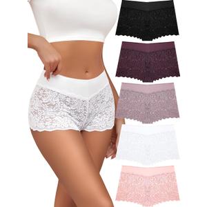 Lace Boy Shorts Sexy Cheeky Panties Breathable Womens Underwear Stretch Cotton Waistband Underwear Women 5 Pack (Small)