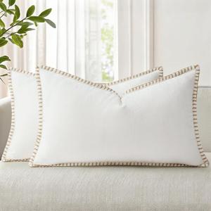 DecorUhome Spring Chenille Soft Throw Pillow Covers 12x20 Set of 2, Lumbar Velvet Farmhouse Neutral Decorative Pillow Covers with Stitched Edge for Couch Sofa Bed Home Decor, Cream White