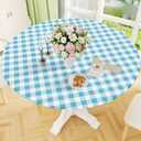 Smiry Round Picnic Tablecloth, Elastic Waterproof Fitted Vinyl Tablecloths for 45"-56" Tables, Flannel Backed Buffalo Plaid Table Cover for Dining, Camping, Outdoor, White and Aqua