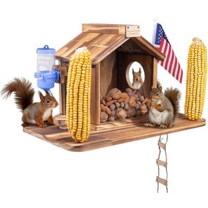 Squirrel Feeder for Outside,Durable Wooden Squirrels Feeder Platform,Squirrel Houses Picnic Table with Flag&Wooden Ladder,with Squirrel Water Feeder and Stools,Fun Squirrels Houses for Garden Yard