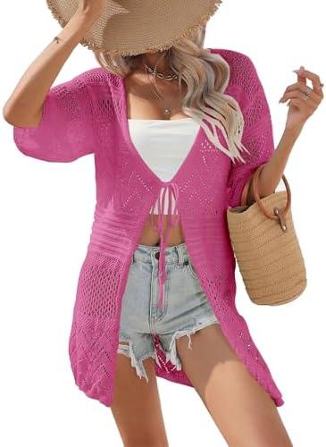 MURMUREY Short Sleeve Crochet Cardigan Tie Front Lightweight Oversized Cardigans Boho Knitted Boho Beach Cover Ups XXL