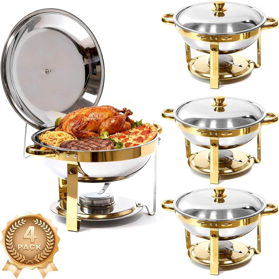 4-Pack Chafing Dish for Buffet Set, 6QT Round 304 Stainless Steel Complete Buffet Warmer  Includes Lids, Water Pans, Folding Stands & Clips for Catering, Events, Parties (Golden 4)