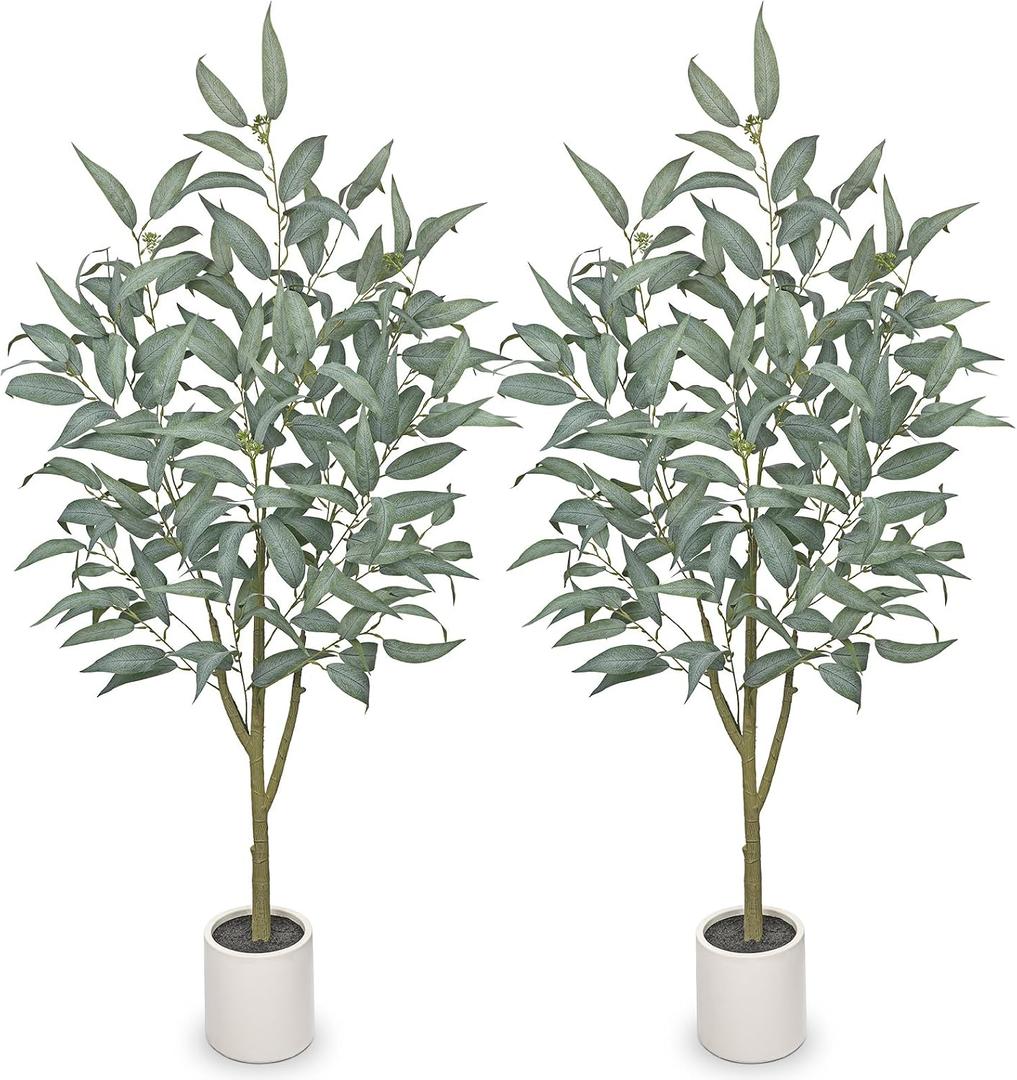 2 Packs Eucalyptus Trees Artificial Indoor - 4FT Tall Faux Eucalyptus Plants in White Planter, Fake Plant Décor for Farmhouse Bedroom Office Room Hallway Decoration
