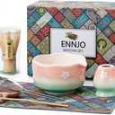 Cherry Blossom Matcha Whisk Set, 7 Pcs Matcha Kit with Ceramic Matcha Bowl with Spout, Bamboo Matcha Whisk And Scoop, Stainless Steel Sifter, Ceramic Holder, Rest And Tea Towel