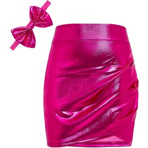 Girls Metallic Skirts Sparkle Shiny Toddler Baby Mini Ruched Skirts PU Faux Leather Short Skirt with Cute Headbands (Blue)