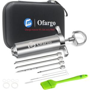 Ofargo Stainless Steel Meat Injector Syringe with 4 Marinade Needles and Travel Case for BBQ Grill Smoker, Valentines Day Gifts for Men Dad Gusband Him