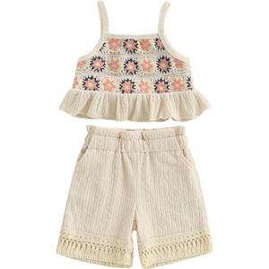 BemeyourBBs Toddler Girl Clothes Summer Baby Girl Embroidery Ruffle Tank Top Shrit Tassel Shorts Set 2 Piece Cute Boho Outfit (6-12 Months, Floral Apricot)