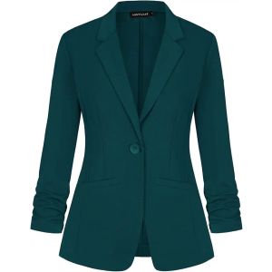 MINTLIMIT Women's Casual Blazer 3/4 Ruched Sleeve Open Front Button Work Office Blazer Jackets with Pockets, Medium