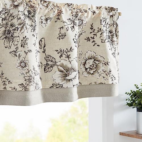 jinchan Linen Valance Curtain Farmhouse Black Floral Small Window Curtain Double Layer Light Filtering Fall Valance for Kitchen Rustic Biege for Living Room Bedroom 16 Inch Rod Pocket One Panel