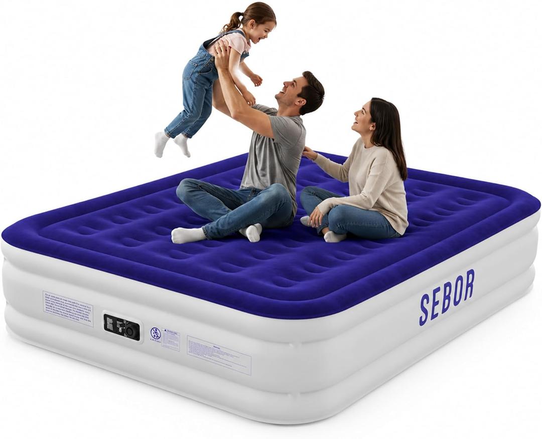 Sebor Air Mattress with Built-in Pump, Comfortable Self-Inflating Air Mattress with High-Speed Pump, Durable Blow Up Mattress Queen with Storage Bag for Guests
