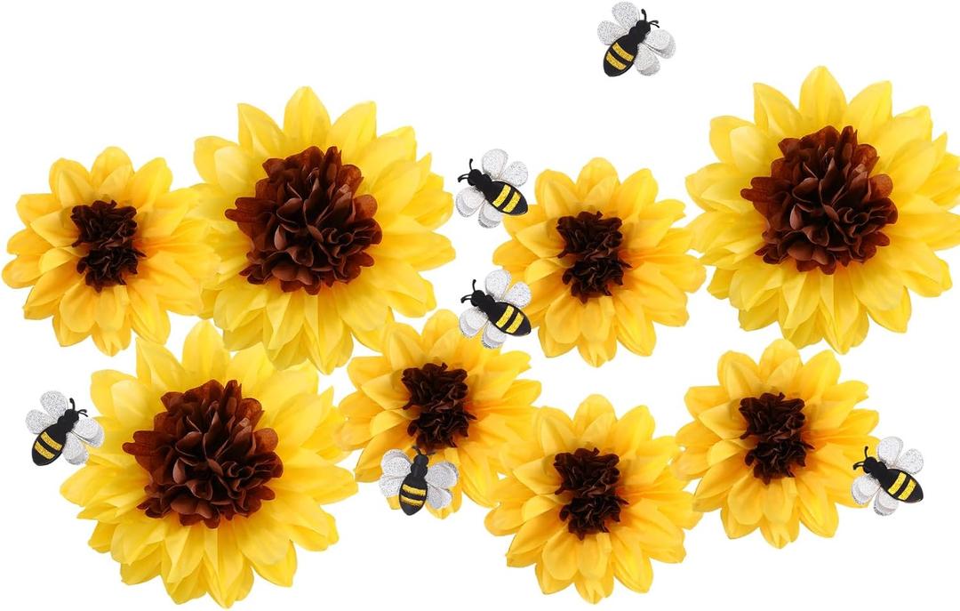 Feifeiya 14 Pcs Sunflower Daisy Tissue Paper Pom Poms Flower Bee Cutout Decorations Yellow Brown White 12" 8" for Bee Day Party Birthday Bridal Wedding Classroom Craft Bulletin Board(Yellow)