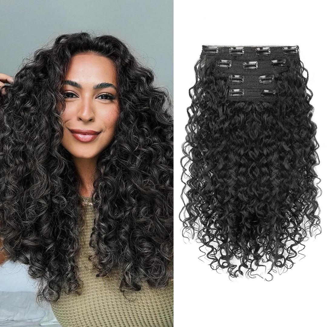 Clip in Hair Extensions, FLUFYMOOZ 4PC 100 Pure Protein Silk Hair Extensions Long Soft Natural Hairpiece 16 Inch Curly Hair Extension for Women (Black Brown)