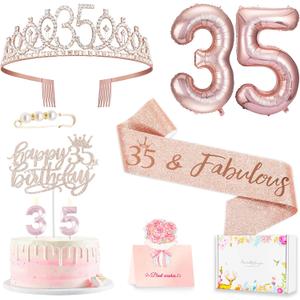 35th Birthday Decorations Gifts for Women, Including 35 year old Birthday Cake Topper, Queen Sash with Pearl Pin, Sweet Rhinestone Tiara Crown, Number Candles and Balloons Set, Rose Gold