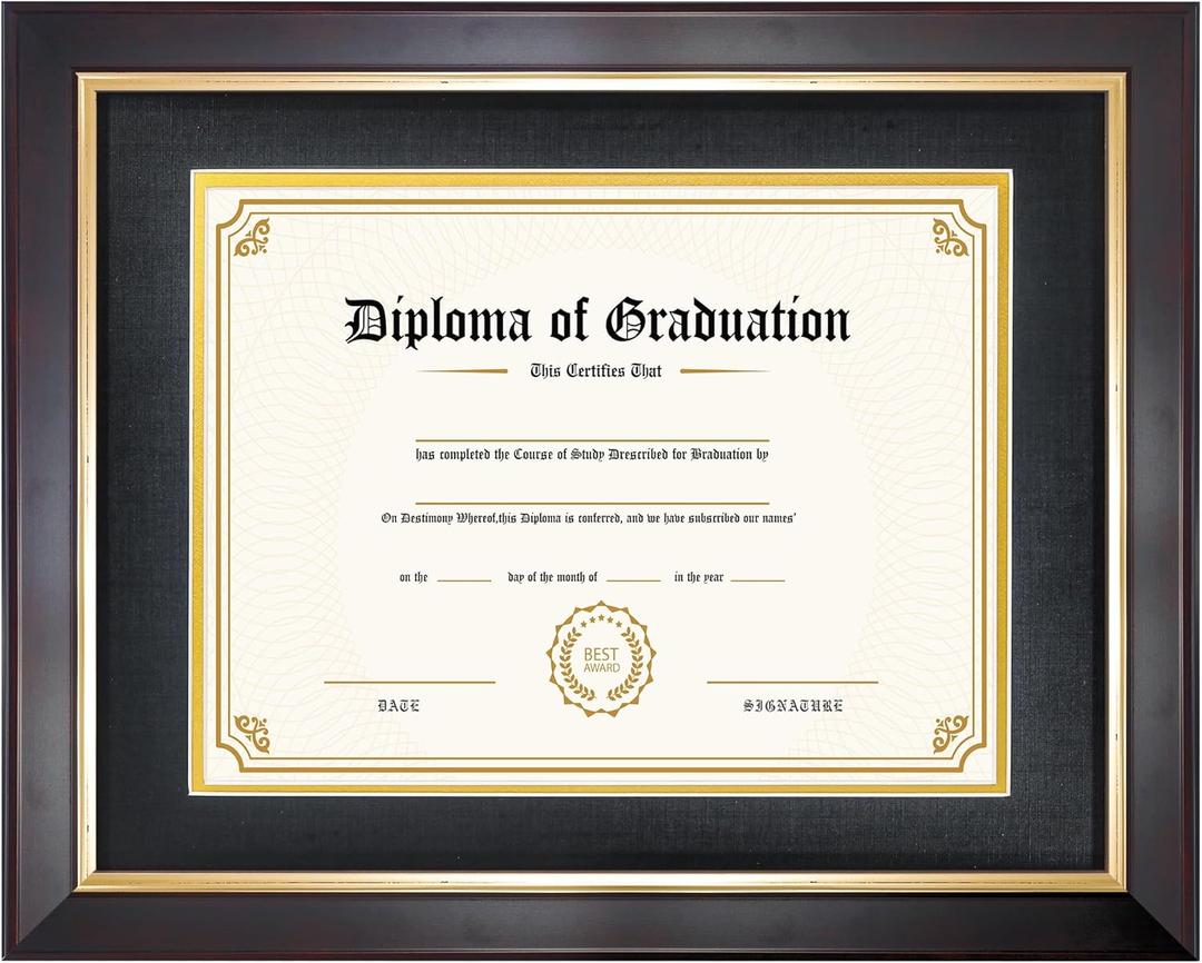 8.5x11 Diploma Frame with Black over Gold Mat, 11x14 Certificate Frame, Real Wood with Gold Trim, Brown Frame with Tempered Glass