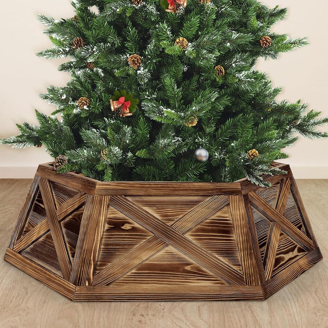Wooden Christmas Tree Collar, 36'' Extra Large Hexagon Brown Christmas Tree Base Cover Decor for Artificial Tree,Rustic Farmhouse Tree Skirt Alternative for 7.5ft 9ft Trees