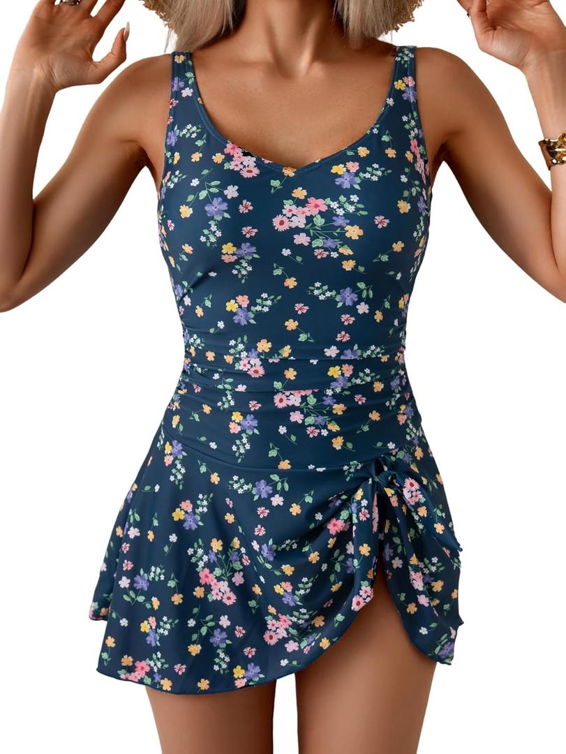 Aidonger One Piece Swim Dress Swimsuits for Women Tummy Control Swimdress Skirt Bathing Suit, Medium