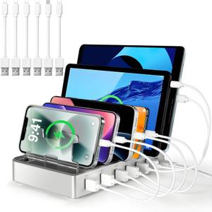 Charging Station for Multiple Devices, 6-Port USB Fast Charger with 6 Mixed Cables, Multi-Device Charging Dock for iPhone, iPad, Android Phones, Tablets, Kindle (Silver, Desktop & Wall Mount)