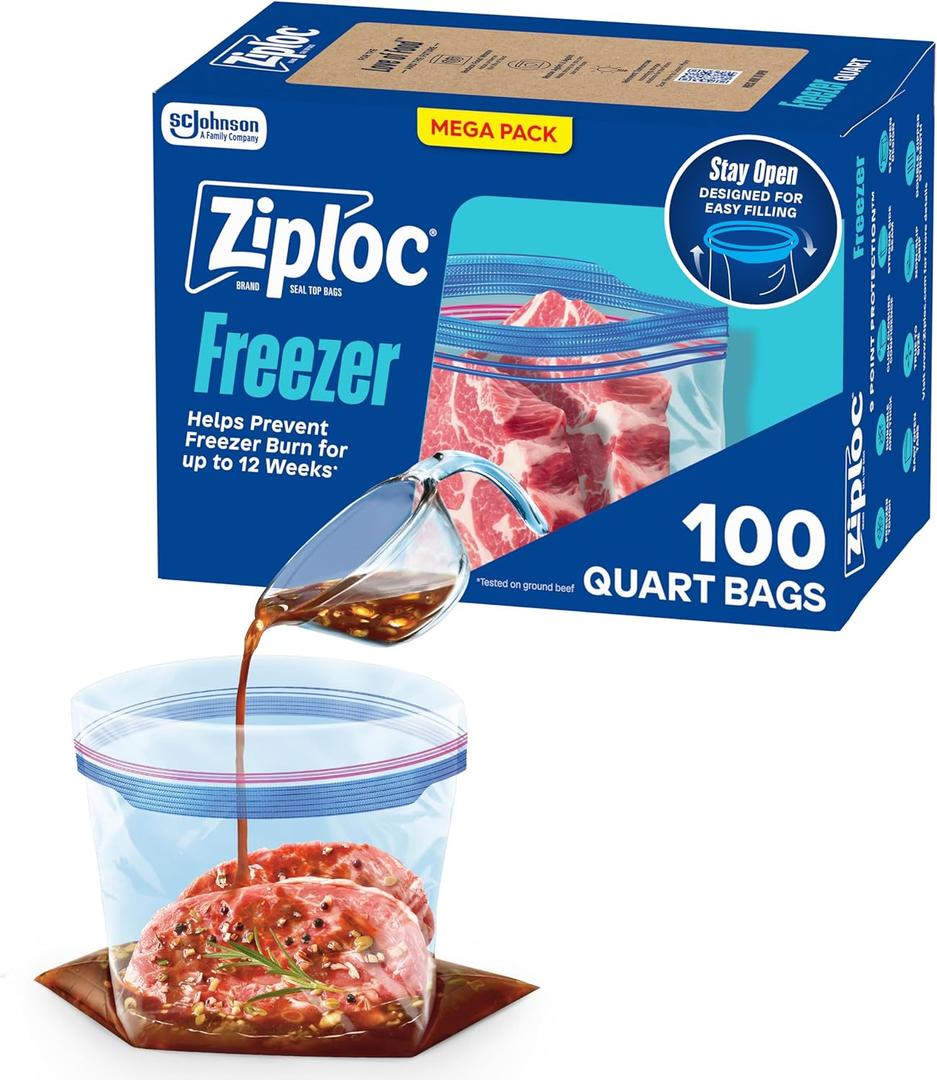 Ziploc Quart Food Storage Freezer Bags, Stand-Up Bottom, Easy to Fill, 100 Count