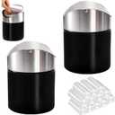 2 Pack Mini Trash Can for Desk, Swing Lid Brushed Stainless Steel Countertop Garbage Bin with 12 Rolls Bags, Modern Tiny Waste Basket for Vanity, Makeup Tabletop, Office Desk, Coffee Table