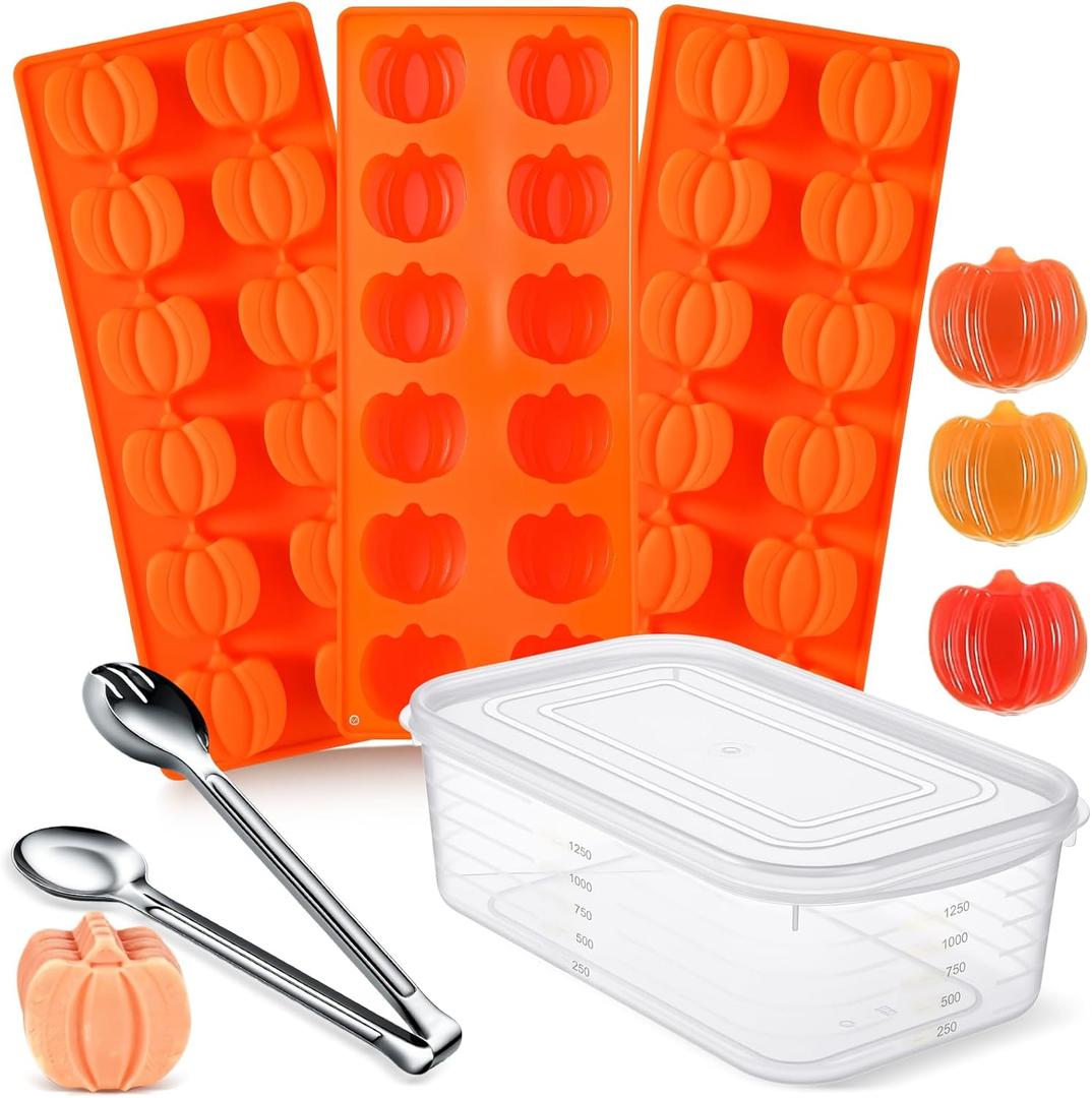 Mimorou 5 Pack Thanksgiving Pumpkin Silicone Mold Set Include 3 Pcs Pumpkin Cake Candy Molds with Sealed Box, Stainless Steel Tong for Thanksgiving Ice Cube Cookie Chocolates Candle Soap Cake Jelly