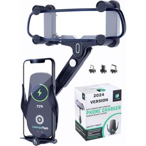LoompaTech 2in1 Rear View Mirror Phone Holder + Wireless Car Charger 360 Rearview Mirror Phone Mount w/Automatic Clamping and Release, Rotatable & Retractable 15W Fast Wireless Charger for Car
