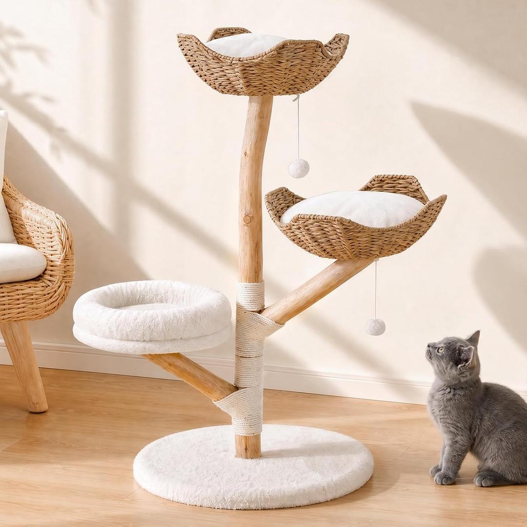 Wood Modern Cat Tree Tower for Large Cats, 47" Tall Multi-Level Cat Climbing Tower with Scratching Posts, Condo, Luxury Pet House Furniture for Indoor Cats Large Adult (White)