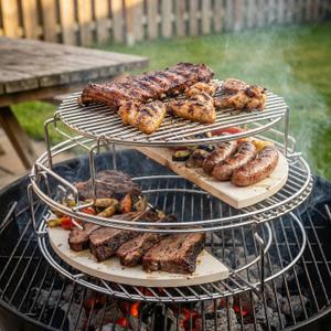 7 Piece Grill Replacement Kit for 18 Inch Kamado Stainless Steel Multi Level Cooking Rack System with Half Moon Ceramic Heat Deflectors for Charcoal BBQ Smoking Roasting Dad Gift