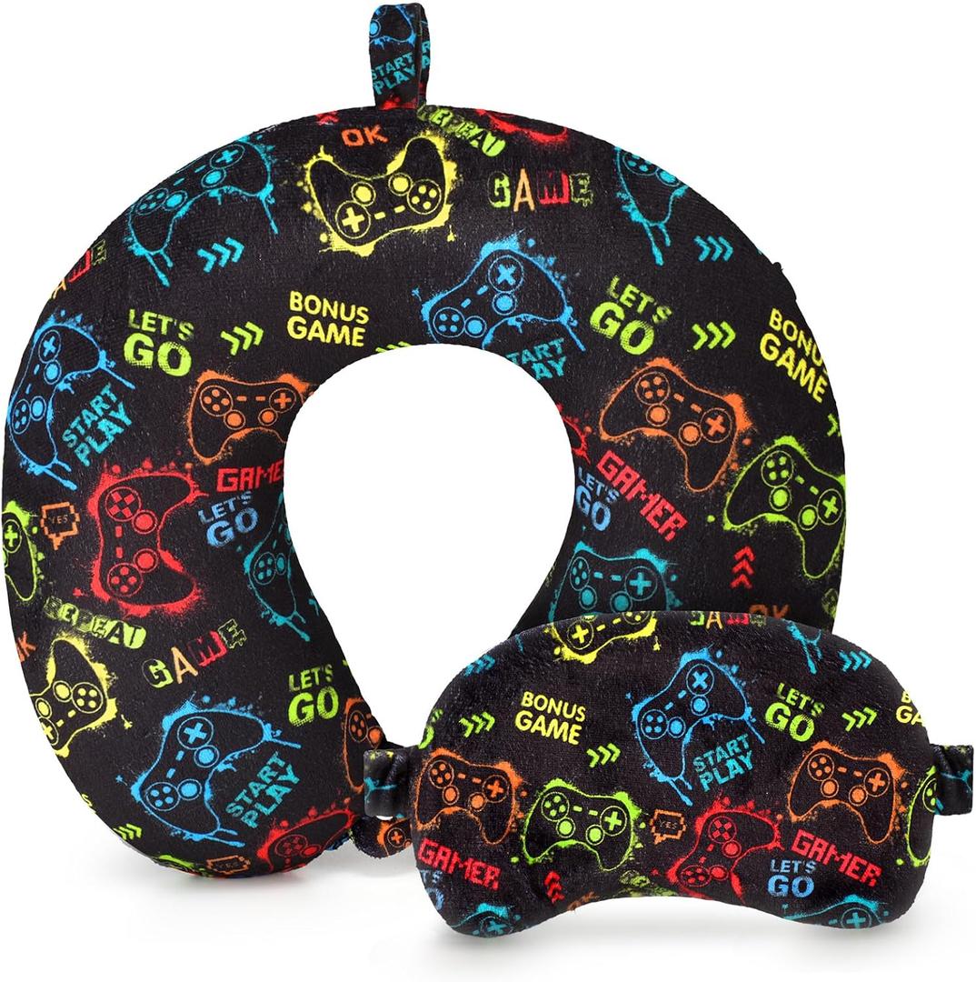 Gilprop 2 Pcs Gaming Travel Pillow with Sleep Eye Mask, U Shaped Memory Foam Headrest & Neck Pillow with Washable Cover, Soft Neck Head Support Travel Accessories for Airplane Car Train Bus Trips