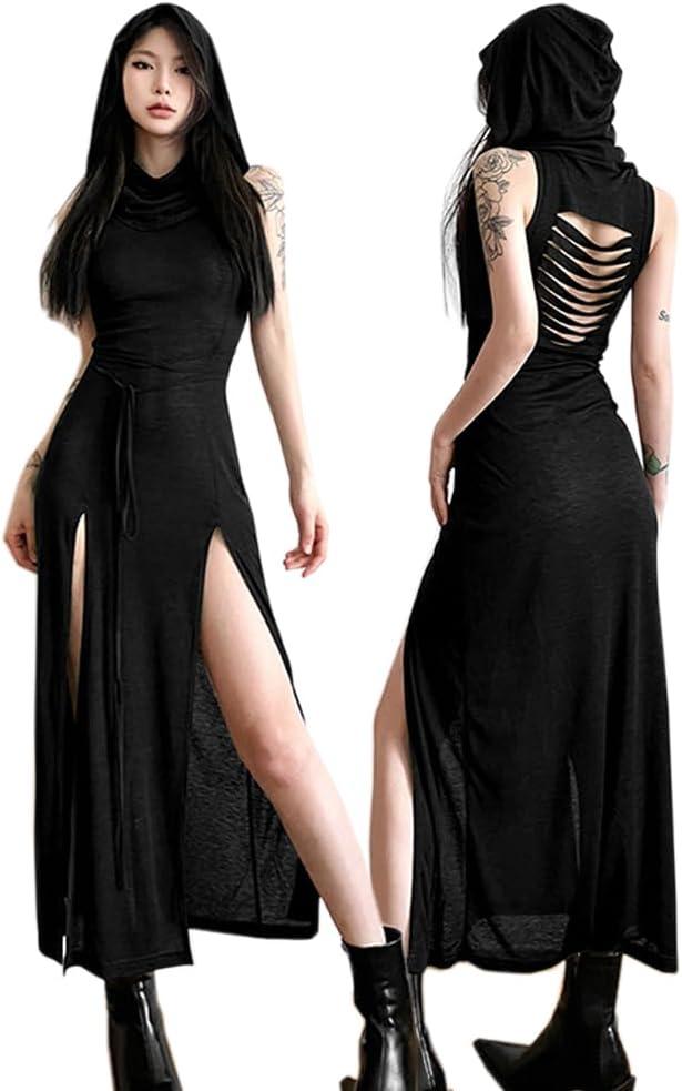 SINROYEE Women High Slit Long Dress Sexy Sleeveless Cocktail Dress Sexy Cutout Bodycon Party Club Cami Dresses (Medium, Black 2)