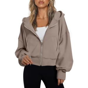 Trendy Queen Hoodies for Women Full Zip Up Cropped Sweatshirts Jackets Casual Comfy Gym Tops Fall Outfits Winter Clothes 2026 (Small, Coffegrey)