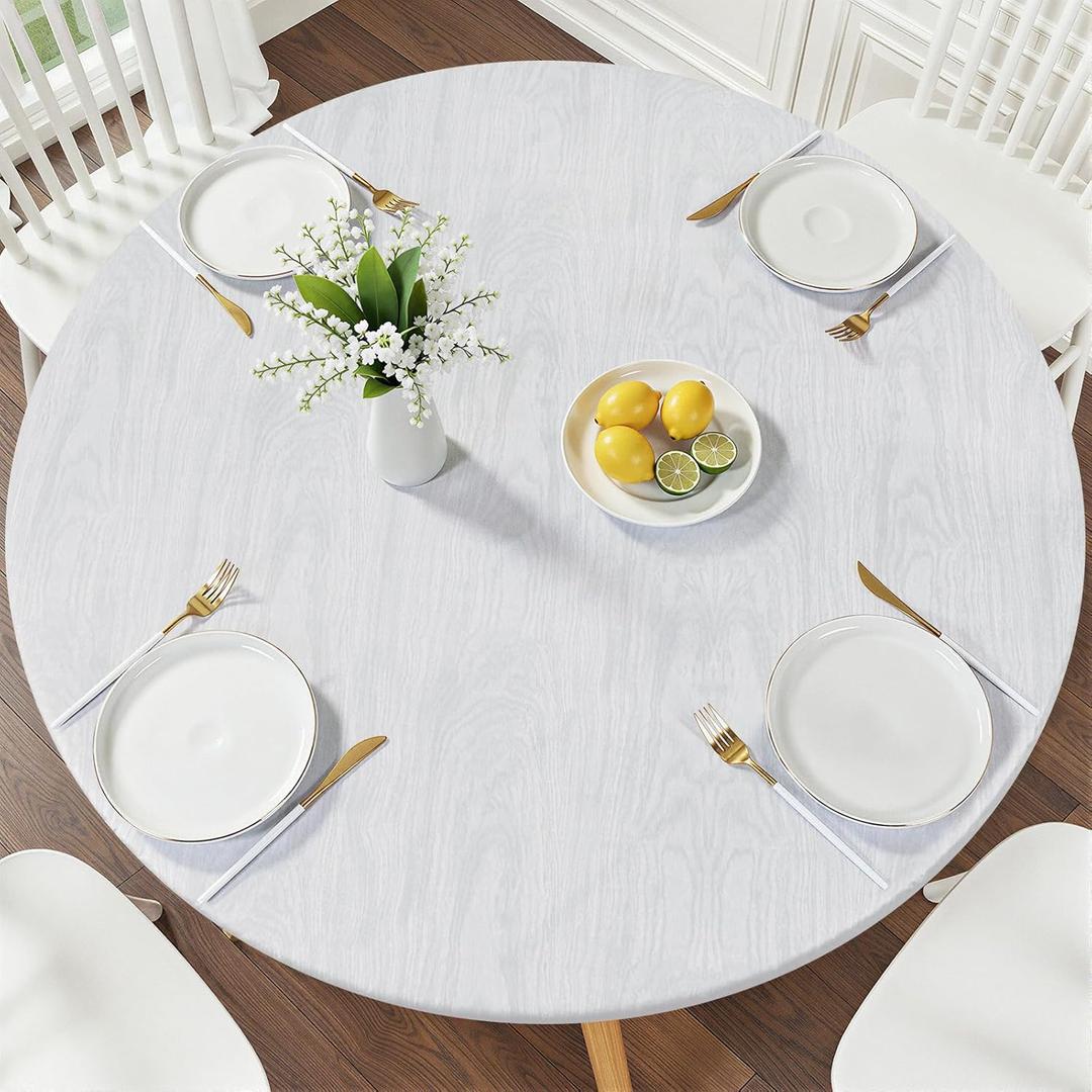 Smiry Round Picnic Tablecloth, Wipeable Flannel Backed Vinyl Tablecloths for 45" - 56" Tables, Waterproof Elastic Fitted Table Covers for Camping, Indoor, Outdoor, Grey & White, For Up to 45"-56" Round