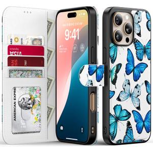 FUNMIKO for iPhone 16 Pro Case Wallet,Detachable Flip Folio Leather Cover,RFID Blocking 4 Card Slots Holder,Magnetic Kickstand,Protective Phone Shell for Women Girls,Blue Butterfly