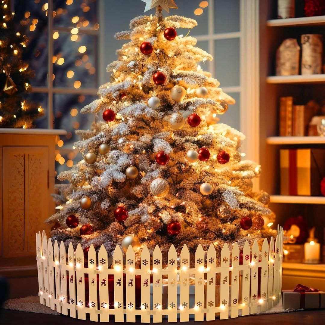 Sasylvia Christmas Wooden Tree Fence with LED String Light Xmas Wooden Picket Fence Holiday Indoor Garden Fence for Christmas Tree Garden Grass Lawn Party Decorations(Height 12 inch, Length 11 FT)