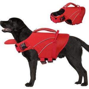 Queenmore Large Dog Life Jackets, Reflective Dog Swimming Vest with Enhanced Buoyancy, High Visibility Pet Life Preserver with Front Neck Float, Pet Life Vest for Boating (Red,2XL)