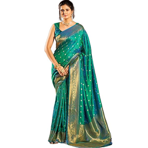 Chandrakala Banarasi Saree for Women with Unstitched Blouse Piece Indian Wear,  Green