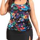Plus Size Tankini Swimsuits with Skirt - Tummy Control Two Piece Bathing Suits Scoop Neck Swimwear Black Floral 20 Plus