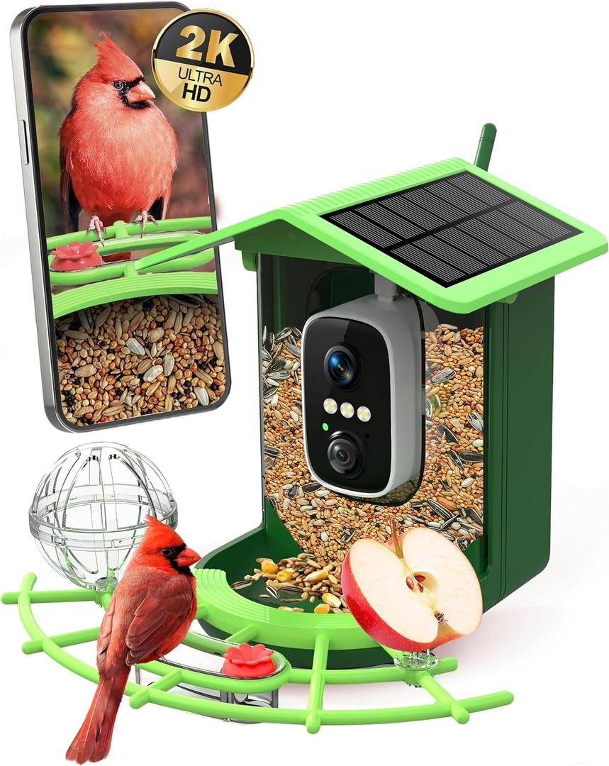 Bird Feeder with Camera Outdoor Solar Smart Bird Feeder with Camera Wireless B-ird Houses for Outside Garden - 2K Video Live AI Recognition Visible Window Auto Capture