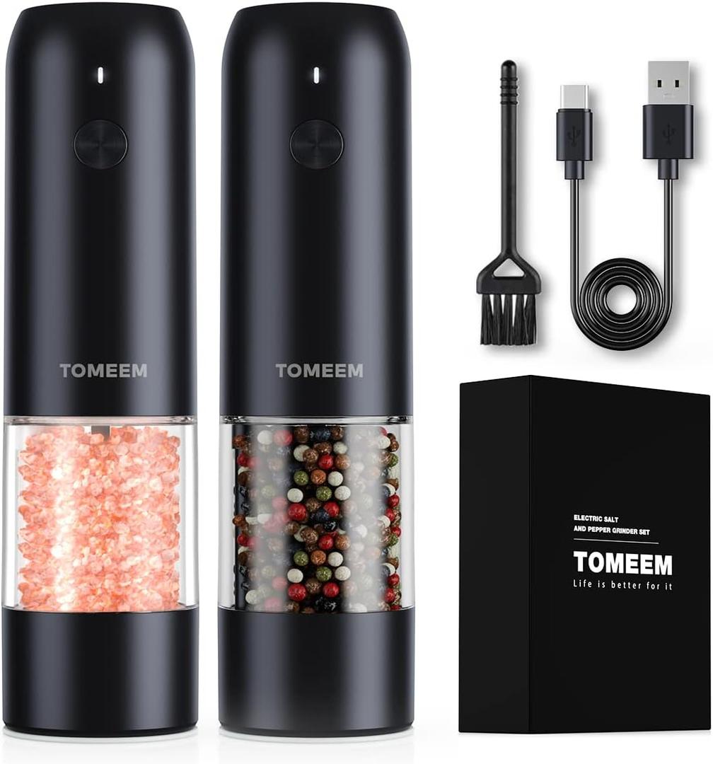 TOMEEM Electric Salt and Pepper Grinder Set with LED Lights  Rechargeable Automatic Pepper and Salt Mill with 6 Adjustable Coarseness for Kitchen, BBQ & Gifts