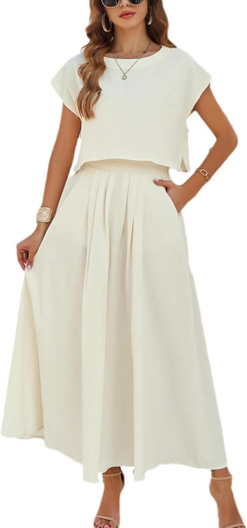 HangNiFang Summer Skirt Sets Women 2 Piece Outfits Cap Sleeve Top Elastic Waist Lightweight Maxi Dress Sets with Pockets (Medium, Beige)