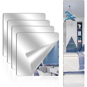 4 Pack Acrylic Mirrors for Wall,14 x 14 Inch Self Adhesive Frameless Small Mirror Tiles, Flexible Plastic Mirror Sheets for Bedroom Home Gym Door (14 * 14 inch)