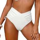 Leoparts Womens V Cut Bikini Bottoms Ruched Tummy Control Bathing Suit Bottom High Cut Drawstring Swimsuit Brief (White, L)