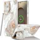 GVIEWIN Magnetic for Samsung Galaxy S25 Ultra Case with Camera Cover Kickstand, [Compatible with MagSafe] [Screen Protector] Mil-Grade Drop Protection Marble Phone Case 6.9" (Pearlescent/Gold)