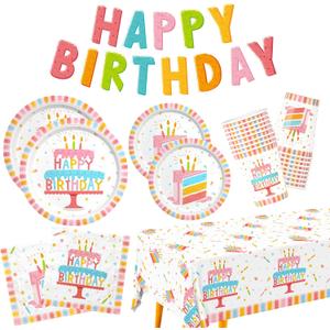 Happy Birthday Party Supplies Set for 25 -Kit with Cake Design Includes Plates, Napkins, Cups, Tablecloth & Banner - for Boys & Girls Birthday Party Decorations