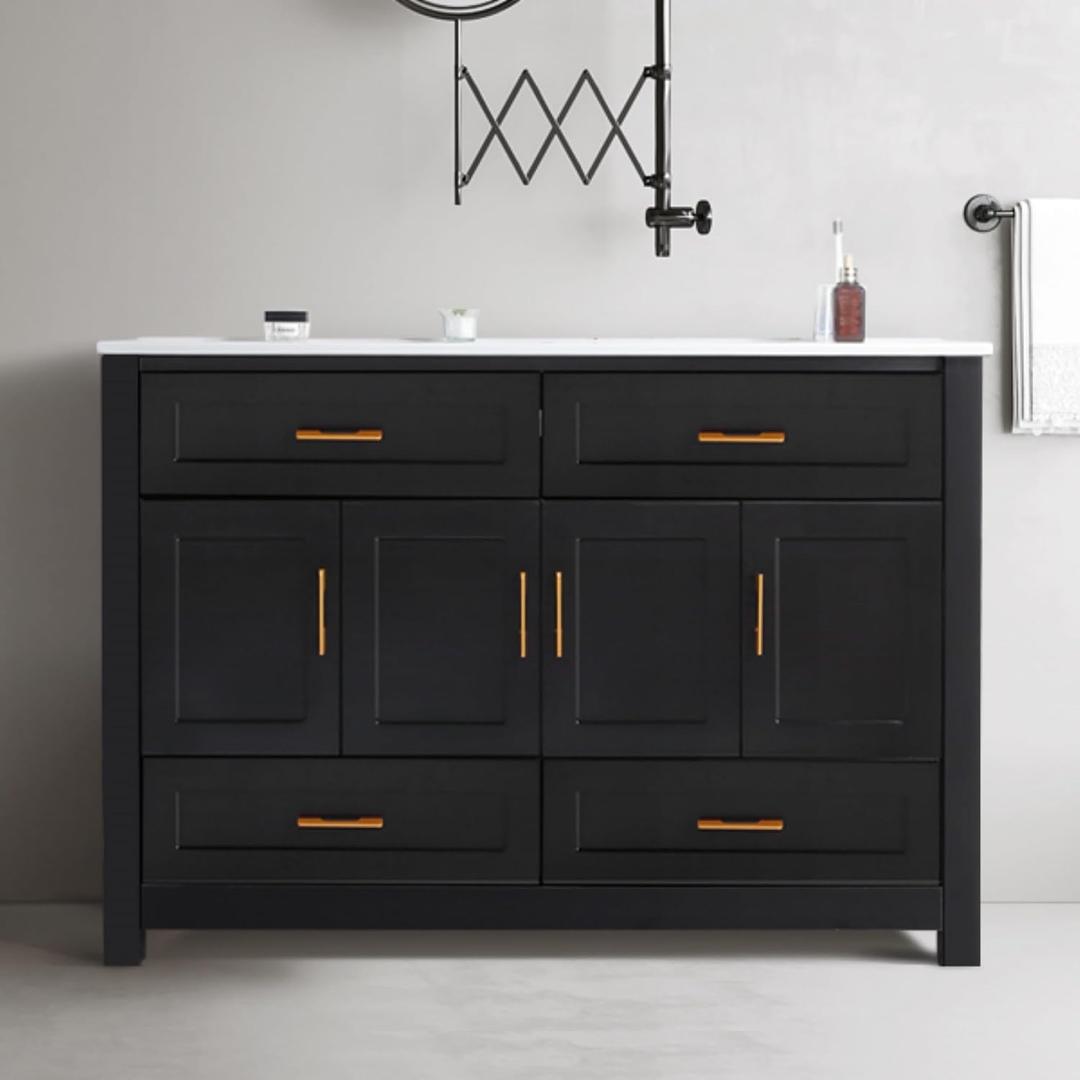 KEIKI 48" Bathroom Vanity with Ceramic Sink, Modern Single Sink Cabinet with 4 Drawers & 4 Soft-Close Doors, Wood Storage Vanity for Bathroom, Black
