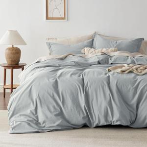 Bedsure 100% Washed Cotton Duvet Cover Queen Size - Pastel Blue Minimalist Cotton Duvet Cover Linen Like for All Seasons - GentleSoft Plain Simple Bedding (Pastel Blue, Queen, 90"x90")