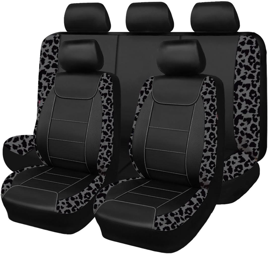 Flying Banner Carbon Fiber Leather Vehicle Seat Covers, Leopard Gray Black, Universal Fit - 8PCS (Full Set -- 8PCS)